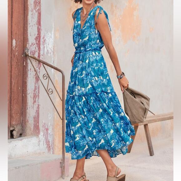 NEW Sundance periwinkle floral Maren Meadow sleeveless tiered dress - Picture 1 of 15